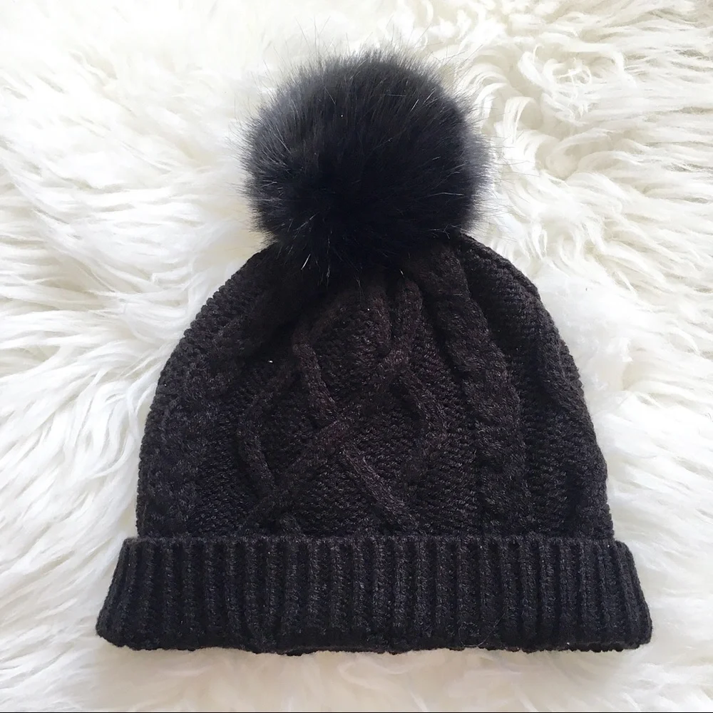 J. Crew Faux Fur Pom Pom Black Beanie Hat